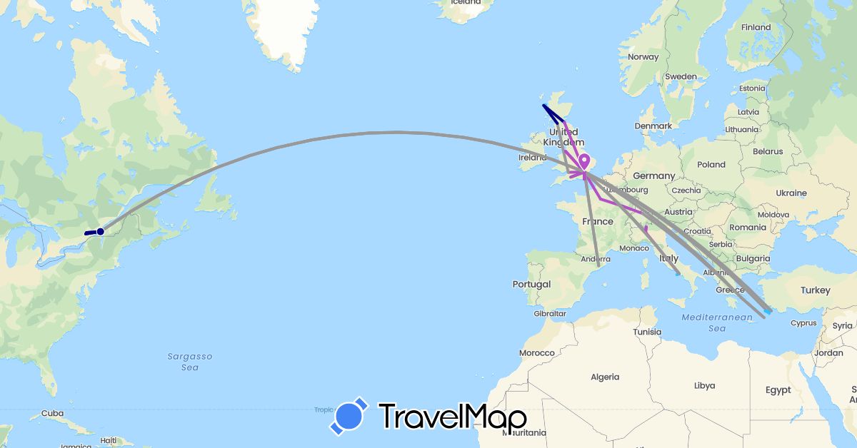 TravelMap itinerary: driving, bus, plane, train, boat in Canada, Switzerland, Spain, France, United Kingdom, Greece, Italy (Europe, North America)